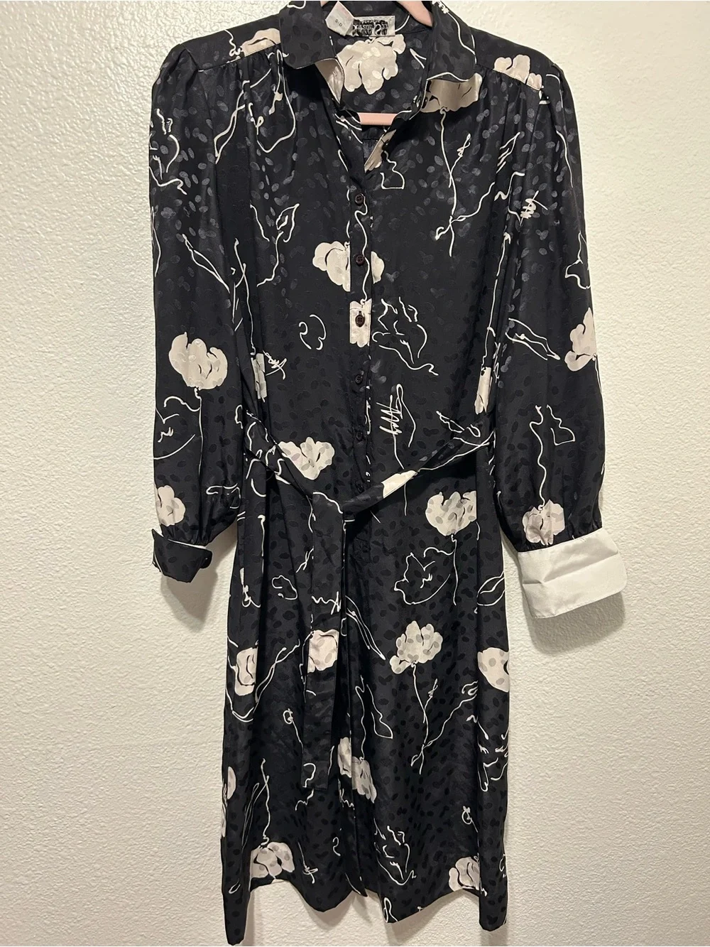 Black Floral Button-Front Midi Dress with Tie Belt